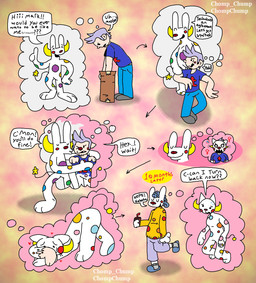 abstract_background ambiguous_gender anthro ass_up beverage blue_hair box clothing confusion container curly_hair duo embarrassed eyes_closed female footwear forced forced_transformation gender_transformation grabbing hair horn hug intersex intersex/male male milkshake permanent permanent_transformation polka_dots purple_hair red_nose shocked shoes slippers sweater tail text thought_bubble time_skip topwear transformation transformation_sequence worried yellow_horn chompchump demon domestic_cat felid feline felis human imaginary_friend lagomorph leporid mammal rabbit english_text hi_res watermark