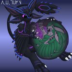 anthro belly big_belly black_body dark_body duo feathers green_body male male/male organs predator/prey purple_eyes same_size_vore stomach vore x-ray_view a.u.tumn avali hi_res