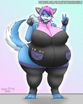 3_toes 5_fingers anthro belly belly_overhang big_belly big_breasts blue_body blue_eyes blue_fur bodysuit breasts clothed clothing cute_fangs earpiece eyeshadow feet female fingerless_gloves fingers fluffy fluffy_tail front_view fur gesture gloves hair hand_gesture handwear holding_object holding_weapon leggings legwear makeup navel_outline nipple_outline open_mouth overweight overweight_anthro overweight_female pink_hair pink_nose pockets potion_launcher short_hair simple_background skinsuit solo standing tail text thick_thighs thigh_highs tight_clothing toes topwear v_sign vial weapon gyro-furry hi-rez_studios paladins_(game) pepper_(paladins) canid canine fox mammal 2021 hi_res signature url