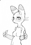 /fur/ 4_fingers 8chan anonymous_artist anthro breasts cheek_tuft chest_tuft double_thumbs_up eye_markings facial_tuft faith_(8chan) featureless_breasts female fingers fur gesture hand_gesture line_art mammal markings monochrome nude procyonid raccoon simple_background smile solo thumbs_up tuft