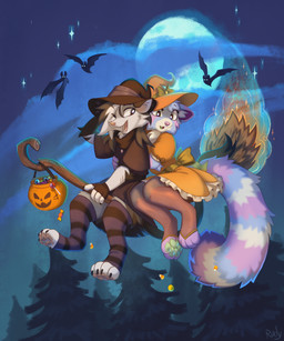 ambiguous_gender anthro arm_tuft black_body black_fur black_hair blue_body blue_fur broom broom_riding candy candy_bucket claws cleaning_tool clothed clothing dessert digitigrade duo elbow_tuft evergreen_tree eye_through_hair eyebrow_through_hair eyebrows female feral fingerless_gloves fluffy fluffy_tail flying food fur gloves green_eyes green_pawpads green_tongue grey_body grey_eyes grey_fur hair handwear hat headgear headwear holidays inner_ear_fluff legwear looking_at_another looking_back looking_back_at_another magic_user male moon multicolored_body multicolored_fur multicolored_hair one_eye_closed open_mouth outside pawpads pine_tree pink_body pink_fur pink_nose plant scar smile star stockings tail text tongue translucent translucent_hair tree tuft two_tone_body two_tone_fur two_tone_hair white_body white_fur white_hair witch witch_broom witch_costume witch_hat ruddi halloween necessarian rudy_(ruddi) ailurid american_opossum bat mammal marsupial red_panda 2025 artist_name digital_media_(artwork) hi_res shaded signature
