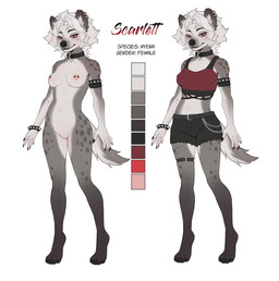 albino anthro barbell_piercing breasts clothed clothing collar ear_piercing female fur nipple_piercing nipples nude piercing red_eyes simple_background solo spots white_background white_body white_fur flopflopps scarlett_(flopishh) hyena mammal hi_res model_sheet