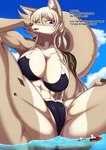 2022 absurd_res anthro bikini camel_toe canid canine clothing cloud dialogue digital_media_(artwork) english_text eyelashes female fingers group hair hi_res inner_ear_fluff lea_(son2j) macro mammal open_mouth outside son2j spread_legs spreading swimwear text tuft two-piece_swimsuit water