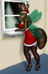 anthro antlers big_breasts breasts clothed clothing elf_costume female holidays horn legwear solo stockings wave wings leksi_(artist) christmas mits hi_res