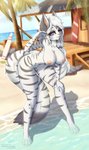 accessory anthro areola beach big_breasts black_stripes blue_eyes breasts building detailed_background feet female fur genitals hair hair_accessory hair_tie long_hair long_tail nipples nude palm_tree pink_nose plant pussy rock sand seaside sky solo stripes tail text tree water white_body white_fur mintjuice melody_(sakuradlyall) felid mammal pantherine tiger absurd_res english_text hi_res