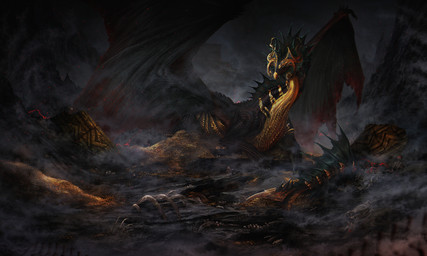 ambiguous_gender black_body black_scales bone claws detailed_scales feral finger_claws fog frill_(anatomy) gold_scales long_neck lying membrane_(anatomy) membranous_frill membranous_wings mountain on_front scales skeleton snout solo tail text treasure_hoard wings isvoc european_mythology mythology dragon mythological_creature mythological_scalie scalie western_dragon 5:3 detailed hi_res shaded url male_(lore)