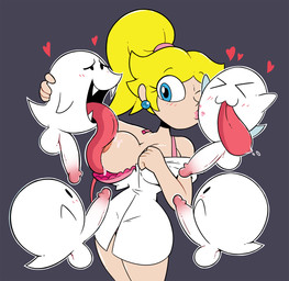 balls big_tongue blush bodily_fluids breast_lick breast_play breasts clothing erection female genitals grey_background group group_sex heart_symbol kiss_mark kissing licking lipstick long_tongue makeup male male/female not_furry one_breast_out one_eye_closed penis saliva sex simple_background tongue tongue_out miscon mario_bros nintendo princess_peach boo_(mario) ghost human mammal spirit hi_res
