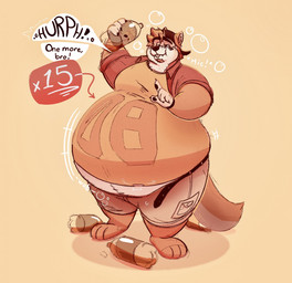 anthro backwards_baseball_cap backwards_hat baseball_cap belly belly_inflation belly_jiggle belly_peeking_out belt beverage beverage_bottle big_belly biped blep bloated bodypaint bottle bottomwear brown_body brown_fur burping cargo_shorts chubby_cheeks chugging claws clothed clothing container dialogue face_paint fur gesture half-closed_eyes hand_gesture hat headgear headwear hiccuping holding_bottle holding_container holding_object inflation jersey jiggling male moobs motion_lines narrowed_eyes number_on_jersey open_belt overweight overweight_anthro overweight_male raised_finger raised_index_finger root_beer shirt shorts smile soda soda_bottle soda_inflation solo sound_effects speech_bubble squean standing stuffing text tongue tongue_out topwear wwwonderpuff wonderpuff_(character) canid canine canis coyote mammal english_text hi_res