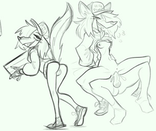 anthro bodily_fluids bottomless box breasts butt clothed clothing container cum delivery_(commerce) drooling_tongue duo erect_nipples female food food_delivery footwear freckles genital_fluids genitals hair hair_over_eye half-closed_eyes male male/female markings mole_(marking) narrowed_eyes nipples penetration penis pizza pizza_box pizza_delivery presenting presenting_hindquarters raised_tail shoes sneakers tail teasing_with_butt tongue tongue_out toothy_grin vaginal vaginal_penetration vulva lenyavok oriana_thaffer canid canine canis mammal wolf hi_res sketch
