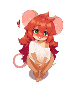 4_toes 5_fingers anthro big_butt blush blush_lines bottomless bottomless_anthro bottomless_female brown_body brown_fur butt cat_smile clothed clothing eyelashes feet female fingers fur green_eyes hair heart_symbol holding_clothing holding_object holding_shirt holding_topwear long_hair looking_at_viewer looking_up open_mouth open_smile oversized_clothing oversized_shirt oversized_topwear pink_inner_ear pink_nose pink_tail red_hair shirt simple_background smile solo standing tail tan_body tan_fur toes topwear tremble_spikes white_back white_clothing white_shirt white_topwear wide_hips young young_anthro young_female hasta summer_(olliethemouse) mammal mouse murid murine rodent 2026 hi_res
