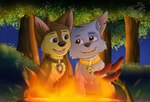 bonfire collar duo emblem feral leaf looking_at_another male night open_mouth open_smile plant shrub smile star tongue tree chocky25 paw_patrol chase_(paw_patrol) rocky_(paw_patrol) canid canine canis domestic_dog german_shepherd herding_dog mammal mixed_breed pastoral_dog hi_res