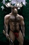 abs anthro antlers arm_hair axe beard belly_hair big_bulge body_hair bulge chest_hair clothed clothing detailed_bulge facial_hair forearm_hair forearms forest fur genital_outline hairy hairy_legs happy_trail horn jockstrap leg_hair looking_at_viewer male melee_weapon muscular muscular_anthro muscular_male nipples pattern_clothing pecs penis_outline plaid plaid_clothing plant pubes solo stomach_hair tartan_underwear topless tree underwear weapon bgn lafontaine josef_(lafontaine) deer mammal moose new_world_deer