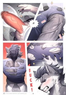 anthro balls big_balls big_penis blush bodily_fluids clothing comic_panel dialogue_box dripping erection fur genital_fluids genitals grey_body grey_fur growth growth_sequence hair huge_balls huge_penis humanoid_genitalia humanoid_penis male multicolored_body multicolored_fur muscle_growth muscular muscular_anthro muscular_arms muscular_male pecs penis precum precum_drip solo sweat tail text two_tone_body two_tone_fur vein veiny_penis white_body white_fur bluch_(artist) absurd_res comic english_text hi_res