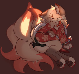 9_tails accessory ambiguous_gender anthro arm_accessory black_bottomwear black_clothing black_nose black_shorts bottomwear brown_body brown_fur chest_tuft claws clothing dark_lighting facial_markings fluffy fur head_markings kemono looking_at_viewer markings mask multi_tail multicolored_body multicolored_fur one_eye_closed pawpads red_body red_clothing red_fur rope shorts simple_background smug_face solo tail tan_body tan_fur tongue tongue_out tuft wink winking_at_viewer yellow_eyes del_(artist) yuzuki_(accelldraws) canid canine fox mammal hi_res