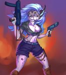 anthro bottomwear clothing fangs female gun handgun pistol ranged_weapon shorts teeth weapon prisma6 felid feline lynx mammal hi_res