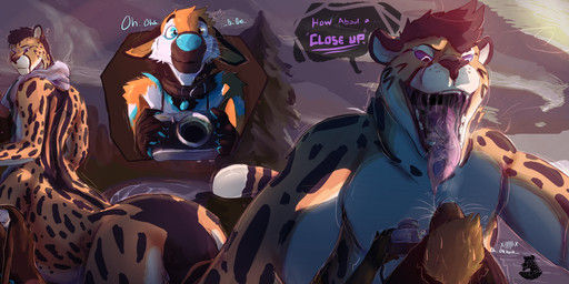 anthro bodily_fluids bottle camera container dialogue duo flustered imminent_vore male male_pred nude open_mouth outside plant saliva tree water_bottle nolow nolow_(character) canid canine cheetah felid feline mammal taur 2021 absurd_res comic hi_res