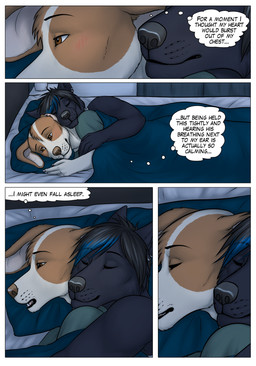 anthro arm_around_partner bed bed_sheet bedding bedroom black_body black_fur black_hair blanket blush brown_eyes chin_on_shoulder claws curtains duo ear_piercing ear_ring eyebrow_through_hair eyebrows eyes_closed falling_asleep fur furniture hair highlights_(coloring) holding_partner lying male male/male night nightshirt nightstand on_side piercing pillow ring_piercing romantic romantic_couple sleeping spooning tan_body tan_fur text thought_bubble translucent translucent_hair gaikotsu airam tauski canid canine canis domestic_dog mammal wolf comic english_text hi_res