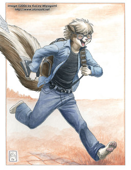 4_toes 5_fingers anthro backpack barefoot belt biped blush book border bottomwear brown_body brown_fur clothed clothing day eyes_closed eyewear feet fingers fully_clothed fur glasses grass hair holding_book holding_object humanoid_hands landscape male open_mouth open_smile outside pants pink_nose plant plantigrade raised_tail running shirt short_hair smile solo tail text toes tongue topwear white_border kacey kairyu mammal mephitid skunk striped_skunk 2006 url
