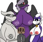 anthro areola armor bell bell_collar big_areola big_breasts big_nipples black_body black_eyes black_sclera breasts clothing collar dark_body eyelashes female grey_body group hair headgear headwear helmet horn huge_breasts knight melee_weapon nipples nude puffy_areola purple_body purple_hair red_eyes size_difference spikes spikes_(anatomy) sword warrior weapon white_body white_eyes wings lewd_can european_mythology mythology femboi_(lewd_can) dragon mythological_creature mythological_scalie scalie western_dragon hi_res