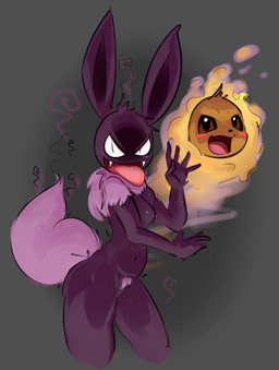 ambiguous_gender anthro blush breasts brown_body brown_eyes duo female fur fusion looking_at_viewer navel nipples open_mouth pink_body pink_fur pokemon_fusion pubes purple_body purple_fur standing tongue tongue_out elpatrixf fakemon nintendo pokemon eevee gastly generation_1_pokemon ghost hybrid pokemon_(species) spirit waddling_head 2018 hi_res