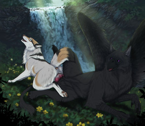 animal_genitalia animal_vulva anus aroused beak black_body bodily_fluids bundle butt canine_genitalia canine_vulva claws cookie cum duo erection fantasy female feral feral_on_feral feral_penetrated feral_penetrating feral_penetrating_feral flower food forest genital_fluids genitals hole_(anatomy) knot knotting male male/female natural nature penetration penis plant sex tail text tree vaginal vaginal_penetration vulva waterfall wings msdeadsoul valiberite mythology solana_(valiberite) windlass avian bird canid canine canis domestic_dog fox gryphon hybrid mammal mythological_avian mythological_creature wolf absurd_res english_text hi_res