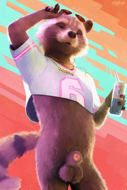 animal_genitalia anthro balls beverage beverage_can bottomless bottomless_anthro bottomless_male brown_body brown_fur can clothed clothing container crop_top eyewear fully_sheathed fur genitals holding_can holding_container holding_eyewear holding_object holding_sunglasses jewelry looking_at_viewer male midriff navel necklace partially_clothed sheath shirt solo standing sunglasses tail topwear sidekick grand_theft_auto grand_theft_auto_vi gta_vi_cover_girl guardians_of_the_galaxy marvel rockstar_games rocket_raccoon mammal procyonid raccoon digital_media_(artwork) hi_res