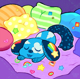 3_toes blue_body blue_nose blue_pillow blue_tail cloud_(marking) eyes_closed feet feral floppy_ears green_pillow heart_sticker male male_feral markings multicolored_body multicolored_ears on_blanket orange_pillow paws pillow plushie pokeball purple_pillow purple_wall quadruped rainbow_sticker red_pillow sleeping solo star_sticker sticker striped_pillow tail text toes tongue tongue_out wall_(structure) white_markings yellow_pillow cyberdaydream nintendo pokemon wild_republic naptime_(cyberdaydream) animate_inanimate canid canine cuddlekin_(wild_republic) living_plushie mammal 2017 artist_name colored dated digital_drawing_(artwork) digital_media_(artwork) english_description shaded simple_shading male_(lore) nonbinary_(lore)