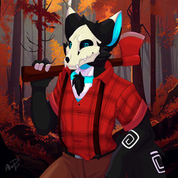 anthro axe body_hair chest_hair forest lumberjack male nature nature_background plant pose smile solo tree lexi_collins skulldog_(species) 1:1 absurd_res hi_res