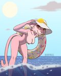 anthro beach breasts bubble clothing donut_pool_toy donut_print female food_pool_toy food_print fur hair hat hat_only headgear headgear_only headwear headwear_only holding_object holding_pool_toy holding_swim_ring inflatable inner_tube mostly_nude nipples outside pool_toy seaside simple_background sky smile solo sparkles sparkling_water swim_ring swimwear water bixbybull bubblegum_(uoneko) domestic_cat felid feline felis mammal 2020 absurd_res hi_res