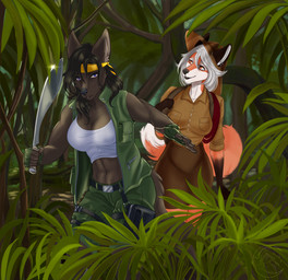 accessory anthro big_breasts black_body black_fur black_hair blue_eyes bottomwear breasts brown_body brown_bottomwear brown_clothing brown_fur brown_shirt brown_skirt brown_topwear clothed clothed_anthro clothed_female clothing crop_top duo ears_through_headwear female fingerless_gloves fluffy fluffy_tail forest fur gloves green_bottomwear green_clothing green_gloves green_handwear green_pants green_topwear green_vest hair handwear headband jungle machete melee_weapon multicolored_body multicolored_fur orange_body orange_eyes orange_fur pants plant shirt skirt tail topwear tree vest weapon white_body white_clothing white_crop_top white_fur white_hair white_topwear yellow_headband cinnameana brea_armatai saskia_haynes canid canine canis domestic_dog fox german_shepherd herding_dog mammal pastoral_dog hi_res story story_in_description