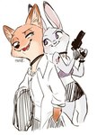 anthro beta_design clothing duo female green_eyes gun hand_in_pocket holding_gun holding_object holding_ranged_weapon holding_weapon midriff open_mouth open_smile pockets purple_eyes ranged_weapon simple_background smile weapon white_background white_clothing memegmu disney zootopia beta_judy_hopps judy_hopps nick_wilde canid canine fox lagomorph leporid mammal rabbit red_fox true_fox