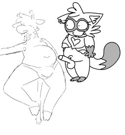 anthro clothing duo erection erection_under_clothing female gynomorph intersex kerchief male sleeping underwear voyeur kittytgirlswagfn warprat mammal_squad! doki_(mammal_squad!) gerard_(mammal_squad!) giraffe giraffid mammal procyonid raccoon monochrome