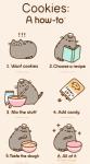 :3 ambiguous_gender chef_hat clothing cookie cooking daww doing_it_wrong eating food fur grey_body grey_fur hat headgear headwear humor simple_background solo text young pusheen_corp third-party_edit pusheen_and_friends pusheen domestic_cat felid feline felis mammal 2d_animation animated english_text meme female_(lore)