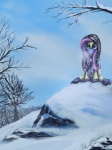 blue_eyes clothed clothing desolate detailed_background female feral hair hood long_hair looking_at_viewer outside pink_hair plant rock scarf scenery sitting sky snow solo sweater topwear tree winter wood huussii friendship_is_magic hasbro my_little_pony fluttershy_(mlp) equid equine horse mammal pony 2012 3:4 hi_res