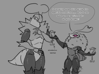 alcohol antennae_(anatomy) anthro arthropod_abdomen beverage compound_eyes container cup dialogue duo exoskeleton glass glass_container glass_cup male text gondruxveh_ikki hollow_knight:_silksong hollow_knight_(franchise) team_cherry green_prince_(hollow_knight:_silksong) trobbio_(hollow_knight:_silksong) arthropod butterfly grasshopper insect lepidopteran orthopterid verdanian 4:3 english_text hi_res