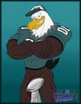 abs american_football anthro award balls beak biceps big_biceps big_pecs big_penis blue_border border bottomless brown_balls brown_body brown_feathers brown_penis clothed clothing competition_number convenient_censorship crossed_arms darkened_genitalia feathers flaccid genitals green_background green_eyes grey_body grey_feathers hat headgear headwear jersey logo looking_at_viewer male multicolored_body multicolored_feathers muscular muscular_anthro muscular_male number number_on_clothing number_on_jersey number_on_topwear number_print pecs penis print_clothing print_jersey print_topwear simple_background smile smiling_at_viewer solo sport tail tail_feathers teeth text toothed_beak topwear trophy white_body white_feathers yellow_beak blu3danny nfl philadelphia_eagles super_bowl vince_lombardi_trophy swoop_(philadelphia_eagles) accipitrid accipitriform avian bald_eagle bird eagle sea_eagle 2018 censored dated english_text hi_res portrait signature three-quarter_portrait watermark