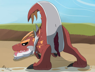 butt detailed_background feral genitals male outside penis solo alsoflick nintendo pokemon dinosaur fossil_pokemon generation_6_pokemon pokemon_(species) prehistoric_species reptile scalie tyrantrum hi_res