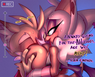 anthro bedroom_eyes big_breasts bodily_fluids breast_smother breasts camera_view clothing dialogue duo female fur gloves hair hair_over_eye hand_on_breast handwear male male/female narrowed_eyes one_eye_obstructed seductive smothering text wings bigdad sega sonic_the_hedgehog_(series) miles_prower miles_prowr_(bigdad) mormoopia_rouge_(bigdad) rouge_the_bat bat canid canine fox mammal english_text hi_res