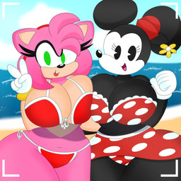 accessory alternative_fashion anthro beach big_breasts big_ears bikini black_body black_fur bottomwear bra breast_squish breasts breasts_frottage camera_hud camera_view cleavage clothed clothing curvy_figure day detailed_background dot_eyes duo eyelashes female fingers fur gesture gloves green_eyes hair hand_gesture handwear happy hat headband headgear headwear hourglass_figure huge_breasts lips looking_at_viewer midriff multicolored_body multicolored_fur navel open_mouth open_smile outline outside pink_body pink_fur pink_hair rockabilly sand sea seaside short_hair side-tie_bikini simple_eyes skimpy skimpy_bikini skirt smile smiling_at_viewer squish standing strapless_bra strapless_clothing strapless_underwear string_bikini swimwear tan_body tan_fur thick_thighs tongue topwear tube_top two-piece_swimsuit two_tone_body two_tone_fur underwear v_sign water white_body white_clothing white_fur white_gloves white_handwear wide_hips 3barts disney sega sonic_the_hedgehog_(series) amy_rose minnie_mouse eulipotyphlan european_hedgehog hedgehog house_mouse mammal mouse murid murine rodent 1:1 2022 absurd_res crossover digital_media_(artwork) hi_res