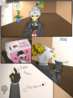 anthro beak beak_closed clothing door door_knocker electronics female hotel locking locking_door looking_at_object looking_at_phone male mouth_closed phone phone_view photo photo_background solo suit suit_jacket text pluma_artist serpentarius accipitrid accipitriform avian bird eagle humanoid hybrid comic english_text hi_res mixed_media photography_(artwork)