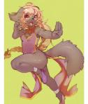 2018 4_fingers anthro atode_kimeru biped bodily_fluids breasts brown_body brown_fur canid canine canis cleavage clothed clothing cute_fangs domestic_dog female fingers footwear fur green_background hair hi_res kemono long_hair mammal open_mouth orange_hair pillarbox purple_clothing purple_footwear purple_shoes red_eyes shoes simple_background solo sweat