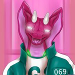 clothing ears_outwards female glowing glowing_eyes glowing_markings horn looking_at_viewer markings pink_body pink_scales pivoted_ears scales simple_background snake_hood solo white_eyes tora_kasai squid_game ti-julie_(puroslavking) cobra mammal reptile scalie snake hi_res