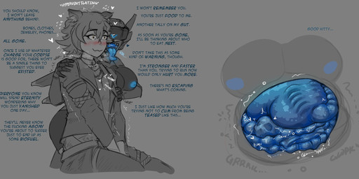 areola blue_areola blue_tongue blush blushing_profusely bone bone_imprints clothed clothed_male clothing corpse covering covering_crotch covering_erection covering_penis death dialogue digestion digestion_noises digestion_sequence dominant dominant_gynomorph dominant_intersex duo explicit_text external feline_ears good_kitty gynomorph hair heart_beating heart_symbol hyperventilating imminent_death imminent_vore intersex intersex/male jacket machine male male_death nude_gynomorph open_mouth organs praise profanity rumbling_stomach shaking shivering short_hair shoulder_grab sitting skeleton skull skull_imprint smile stomach submissive submissive_male talking_to_another teasing text threatening threatening_vore threatening_words tongue topwear vore whispering_in_ear churnstyle m.i.r.r.a._(churnstyle) android animal_humanoid cat_humanoid felid felid_humanoid feline feline_humanoid humanoid mammal mammal_humanoid robot robot_humanoid english_text hi_res