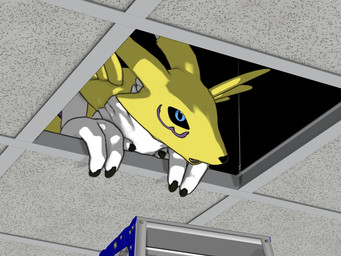 anthro black_sclera ceiling ceiling_renamon crawlspace detailed_background female fur ladder solo suspended_ceiling white_body white_fur yellow_body yellow_fur little_dragon bandai_namco digimon canid canine digimon_(species) mammal renamon 3d_(artwork) 4:3 digital_media_(artwork)