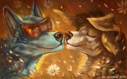 abstract_background ambiguous_gender black_lips black_nose blue_body blue_fur brown_hair chamomile duo_focus eyelashes eyes_closed eyewear feral flower fur grass group hair imminent_kiss inner_ear_fluff insect_wings light lips long_mouth orange_body orange_fur orange_wings outside petals plant short_hair smile snout sunlight tan_body tan_fur tuft whiskers white_body white_fur wind wings flashw arthropod butterfly canid canine canis domestic_dog insect lepidopteran mammal wolf 2016 detailed digital_media_(artwork) digital_painting_(artwork) hi_res painting_(artwork)