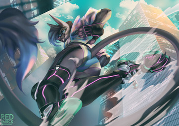 accessory anthro blue_eyes blue_hair bottomwear bra breasts building butt butt_focus butt_pose city city_background cityscape claws clothed clothing detailed_background fangs feet female fingers footwear fur garter gloves grey_body hair handwear jacket knee_pads legwear long_ears long_tail looking_at_viewer looking_down low-angle_view multicolored_hair neon neon_lights outside pose running shoes shorts sky smile sneakers solo stockings sunset tail teeth topwear town two_tone_hair underwear worm's-eye_view redsmock acrador canid canine canis jackal mammal digital_media_(artwork) hi_res widescreen