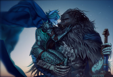 anthro armor biped blue_body blue_fur breastplate cape cloak clothing duo fangs fur gauntlets gloves greaves green_hair grey_body grey_fur hair handwear holding_melee_weapon holding_object holding_partner holding_sword holding_weapon larger_anthro larger_male male male/male melee_weapon pauldron romantic size_difference smaller_anthro smaller_male sword teeth weapon yuyaly elden_ring fromsoftware blaidd_(elden_ring) canid canine canis domestic_cat felid feline felis mammal wolf 2022 digital_media_(artwork)