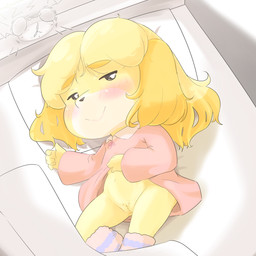 5_fingers anthro bed blush clock clothed clothing eyebrow_through_hair eyebrows female fingers furniture genitals hair looking_at_viewer on_bed pillow solo translucent translucent_hair vulva panneko3 animal_crossing nintendo isabelle_(animal_crossing) canid canine canis domestic_dog mammal shih_tzu toy_dog 1:1 2020 hi_res