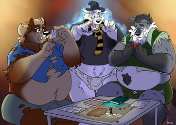 anthro belly brown_body brown_fur bulge clothing detailed_bulge electronics eyewear fur genital_outline glasses grey_body grey_fur group hat headgear headwear male overweight overweight_male penis_outline phone scarf shirt sitting topwear underwear white_body white_fur bravo mythology canid canine canis mammal mythological_canine mythological_creature werecanid werecanine werecreature werewolf wolf 2015