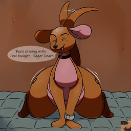 anthro bed bottom_heavy bracelet choker ear_piercing ear_ring female fur furniture jewelry leg_tattoo mature_female necklace open_mouth pear-shaped_figure piercing plushie ring_piercing simple_background smile solo tail tail_motion tailwag tattoo text thick_thighs tongue wide_hips reallydarkandwindie disney winnie_the_pooh_(franchise) kanga animate_inanimate kangaroo living_plushie macropod mammal marsupial 1:1 digital_media_(artwork) hi_res